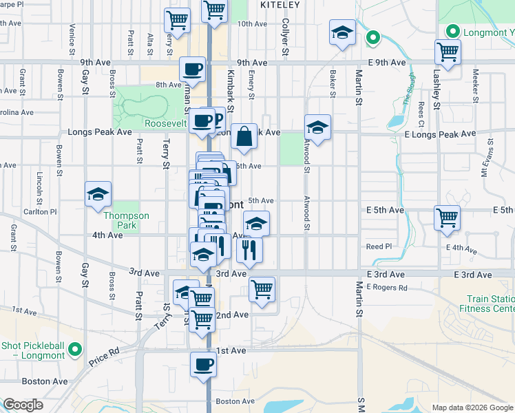 map of restaurants, bars, coffee shops, grocery stores, and more near 315 5th Avenue in Longmont