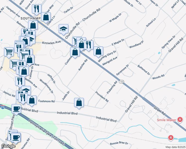 map of restaurants, bars, coffee shops, grocery stores, and more near 1160 Street Road in Southampton