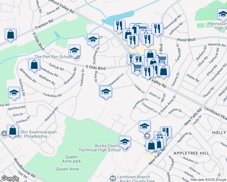 map of restaurants, bars, coffee shops, grocery stores, and more near 575 Buck Drive in Fairless Hills