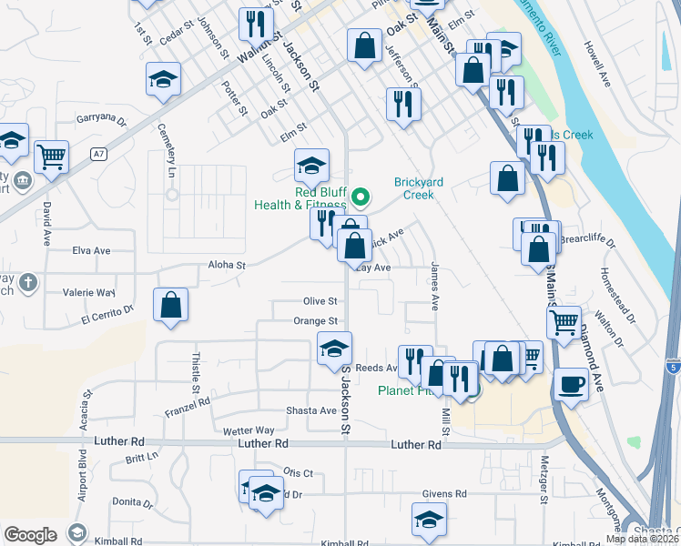 map of restaurants, bars, coffee shops, grocery stores, and more near 218 South Jackson Street in Red Bluff