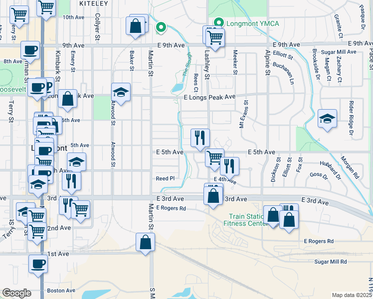 map of restaurants, bars, coffee shops, grocery stores, and more near 112 East 5th Avenue in Longmont