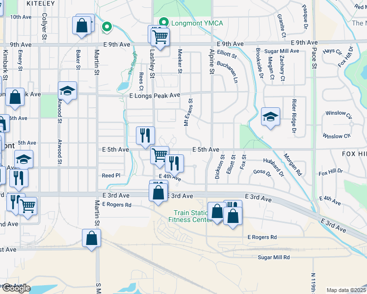 map of restaurants, bars, coffee shops, grocery stores, and more near 256 East 5th Avenue in Longmont