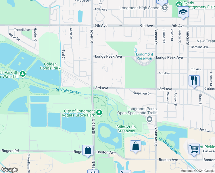 map of restaurants, bars, coffee shops, grocery stores, and more near 2104 3rd Avenue in Longmont