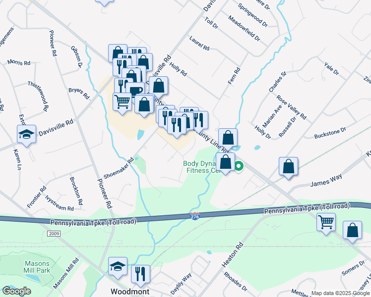 map of restaurants, bars, coffee shops, grocery stores, and more near 1011 Oakwood Drive in Montgomery County