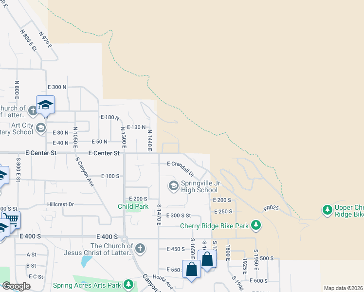 map of restaurants, bars, coffee shops, grocery stores, and more near 38 North 1540 East Street in Springville