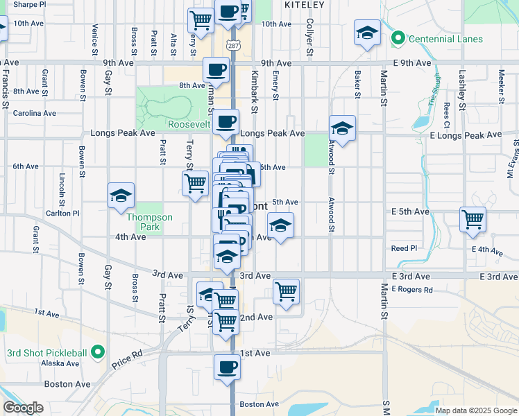 map of restaurants, bars, coffee shops, grocery stores, and more near 434 Kimbark Street in Longmont