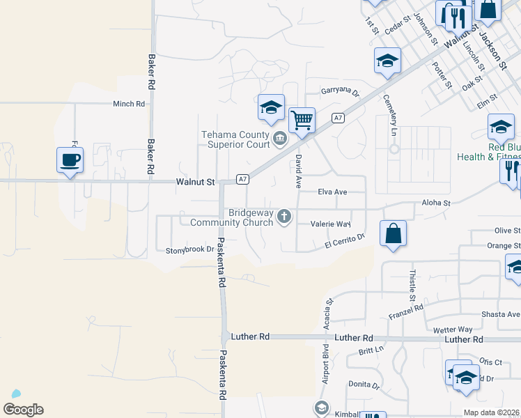 map of restaurants, bars, coffee shops, grocery stores, and more near 1873 Aloha Street in Red Bluff