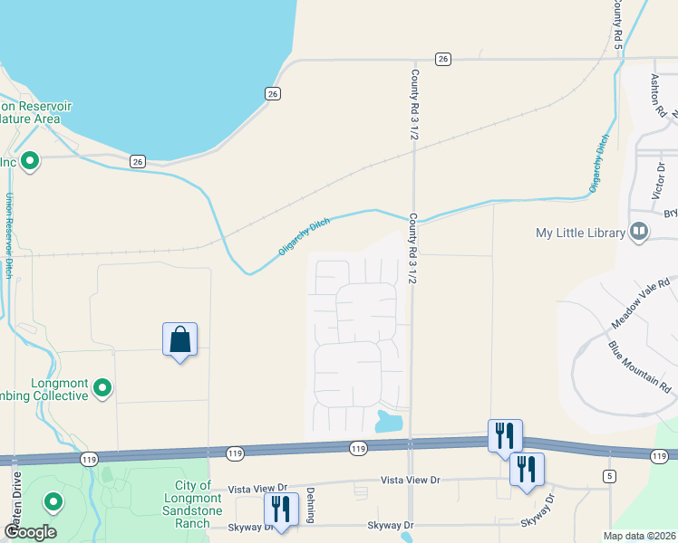 map of restaurants, bars, coffee shops, grocery stores, and more near 3285 Far View in Longmont