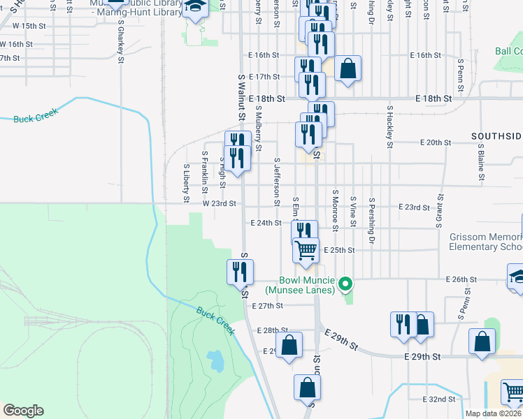 map of restaurants, bars, coffee shops, grocery stores, and more near 3005 South Jefferson Street in Muncie