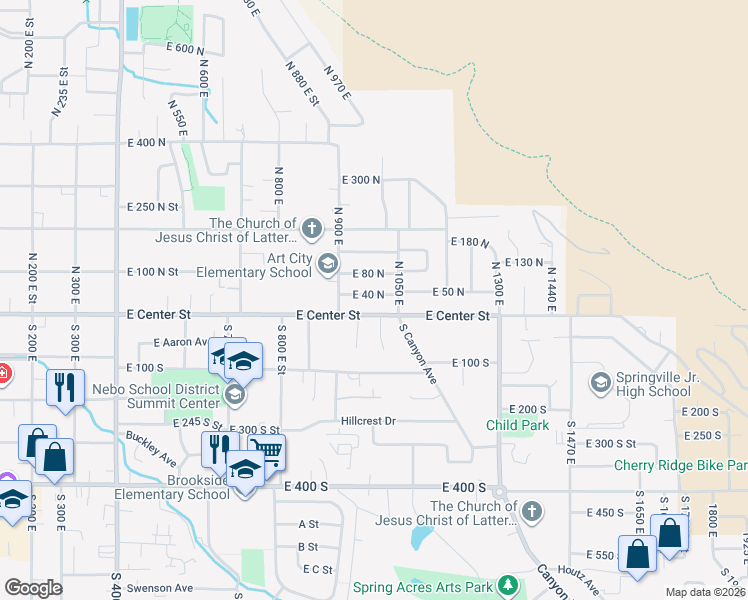 map of restaurants, bars, coffee shops, grocery stores, and more near 998 East 40 North in Springville