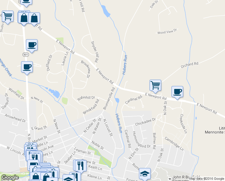 map of restaurants, bars, coffee shops, grocery stores, and more near 693 Brunnerville Road in Lititz