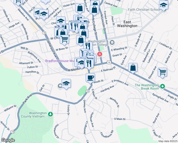 map of restaurants, bars, coffee shops, grocery stores, and more near 250 S Main St in Washington