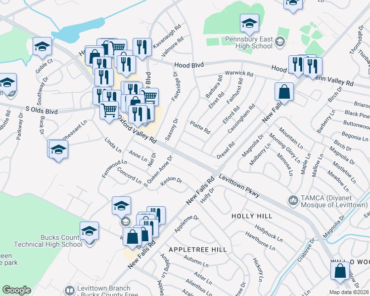map of restaurants, bars, coffee shops, grocery stores, and more near 601 South Oxford Valley Road in Fairless Hills
