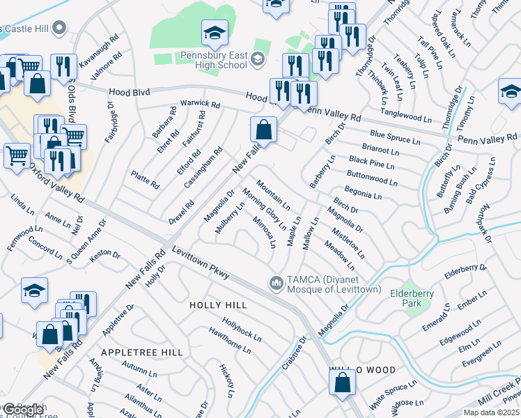 map of restaurants, bars, coffee shops, grocery stores, and more near 31 Morning Glory Ln in Levittown
