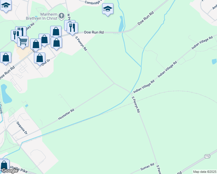 map of restaurants, bars, coffee shops, grocery stores, and more near 760 Hostetter Road in Manheim