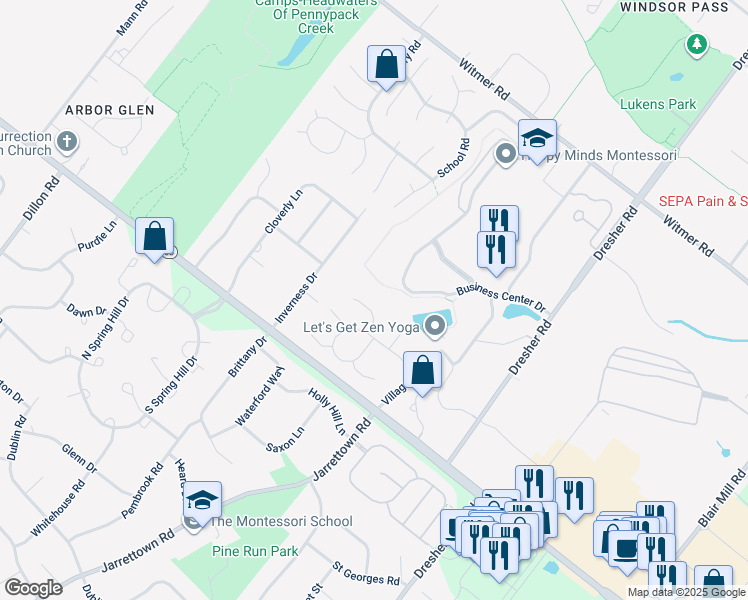 map of restaurants, bars, coffee shops, grocery stores, and more near 12 Sugar Maple Lane in Horsham