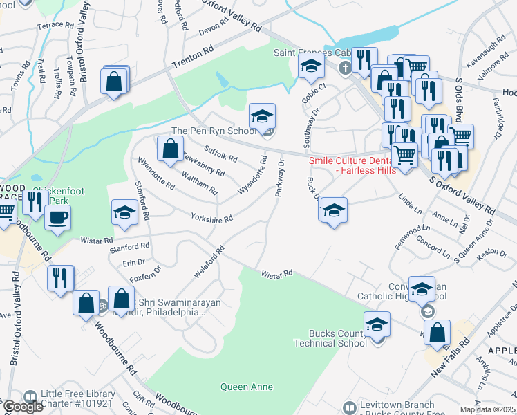 map of restaurants, bars, coffee shops, grocery stores, and more near 270 Yorkshire Road in Fairless Hills