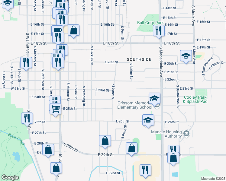 map of restaurants, bars, coffee shops, grocery stores, and more near 2932 South Grant Street in Muncie