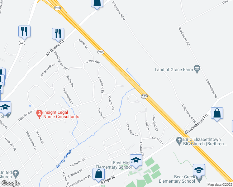 map of restaurants, bars, coffee shops, grocery stores, and more near 310 Conoy Avenue in Elizabethtown
