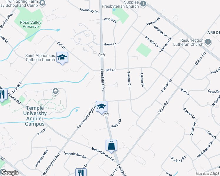 map of restaurants, bars, coffee shops, grocery stores, and more near 1605 Shepard Dr in Maple Glen