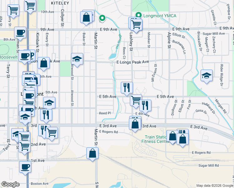 map of restaurants, bars, coffee shops, grocery stores, and more near 112 East 5th Avenue in Longmont