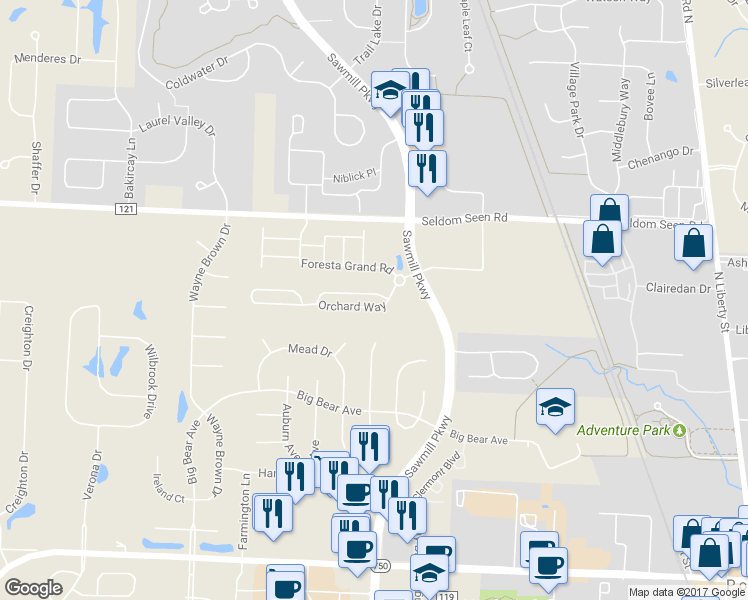 map of restaurants, bars, coffee shops, grocery stores, and more near 3594 Orchard Way in Powell