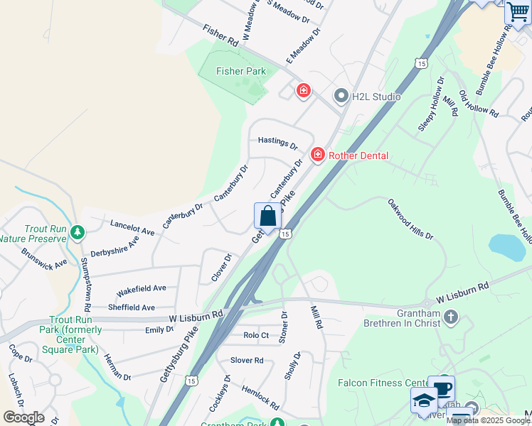 map of restaurants, bars, coffee shops, grocery stores, and more near 2132 Canterbury Drive in Mechanicsburg