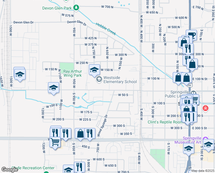 map of restaurants, bars, coffee shops, grocery stores, and more near 33 North 650 West in Springville