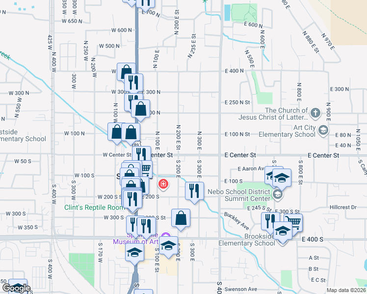 map of restaurants, bars, coffee shops, grocery stores, and more near 261 East Center Street in Springville