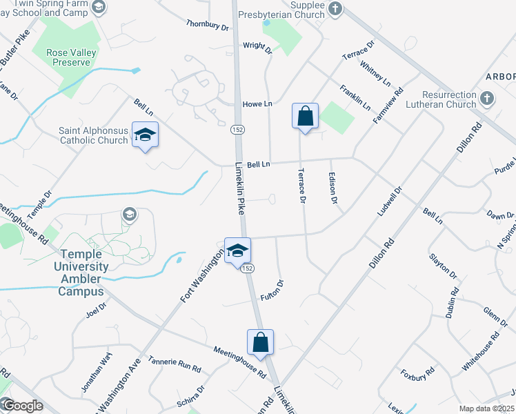 map of restaurants, bars, coffee shops, grocery stores, and more near 1605 Shepard Dr in Maple Glen