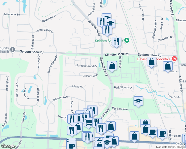 map of restaurants, bars, coffee shops, grocery stores, and more near 3594 Orchard Way in Powell