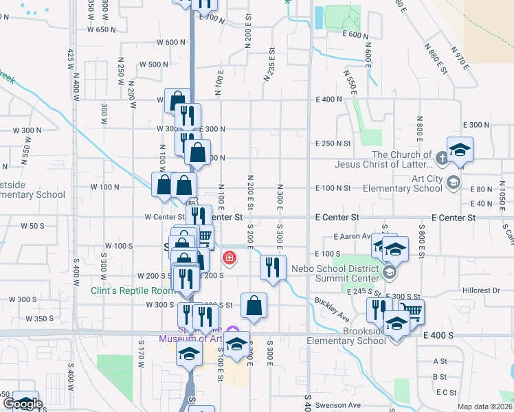 map of restaurants, bars, coffee shops, grocery stores, and more near 261 East Center Street in Springville
