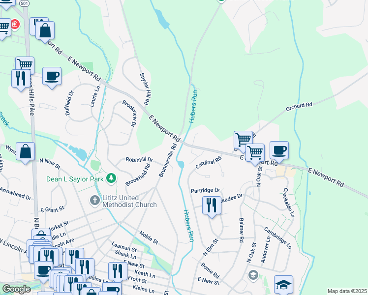 map of restaurants, bars, coffee shops, grocery stores, and more near 707 Brunnerville Road in Lititz