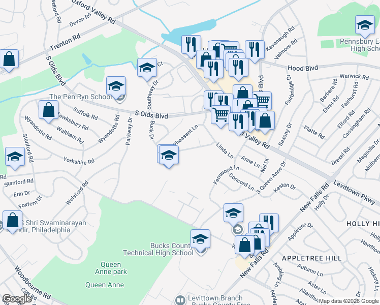 map of restaurants, bars, coffee shops, grocery stores, and more near 575 Buck Drive in Fairless Hills