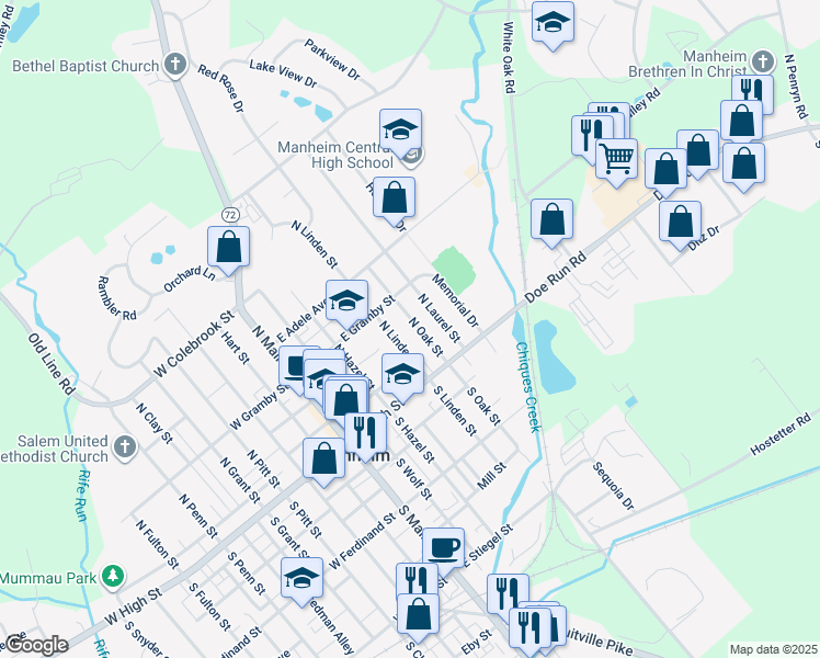 map of restaurants, bars, coffee shops, grocery stores, and more near 70 North Oak Street in Manheim