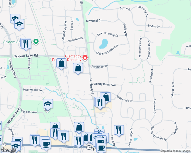 map of restaurants, bars, coffee shops, grocery stores, and more near 450 North Liberty Street in Powell