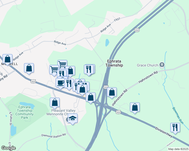 map of restaurants, bars, coffee shops, grocery stores, and more near 890 East Main Street in Ephrata