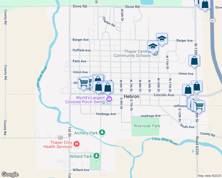 map of restaurants, bars, coffee shops, grocery stores, and more near 153 North 5th Street in Hebron