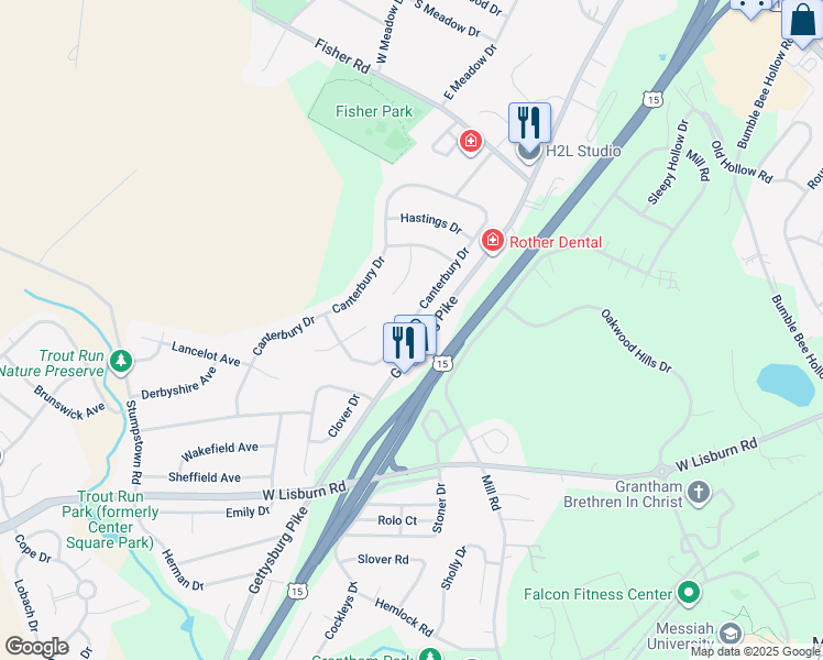 map of restaurants, bars, coffee shops, grocery stores, and more near 2132 Canterbury Drive in Mechanicsburg