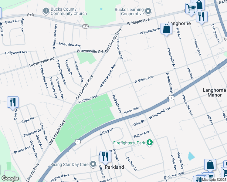 map of restaurants, bars, coffee shops, grocery stores, and more near 836 West Gillam Avenue in Langhorne