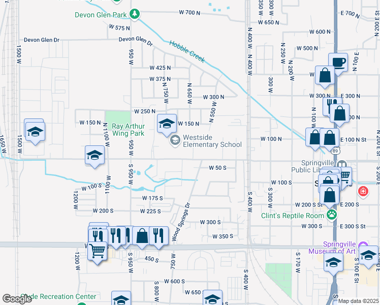 map of restaurants, bars, coffee shops, grocery stores, and more near 33 North 650 West in Springville