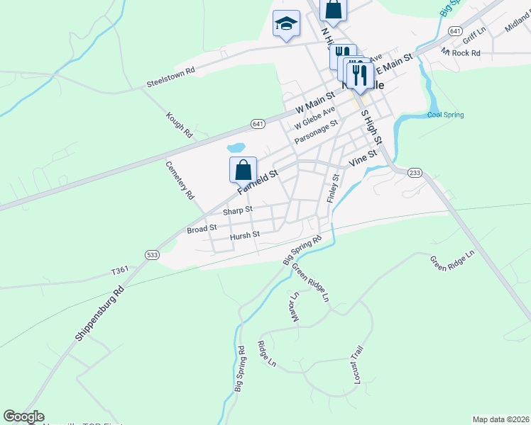 map of restaurants, bars, coffee shops, grocery stores, and more near 30 Broad St in Newville