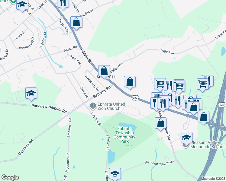 map of restaurants, bars, coffee shops, grocery stores, and more near 737 East Main Street in Ephrata