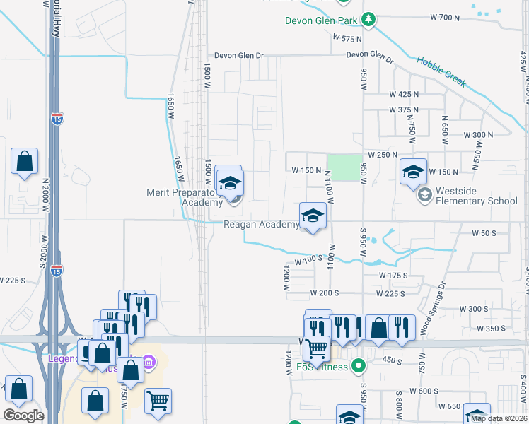 map of restaurants, bars, coffee shops, grocery stores, and more near 27 North 1275 West in Springville