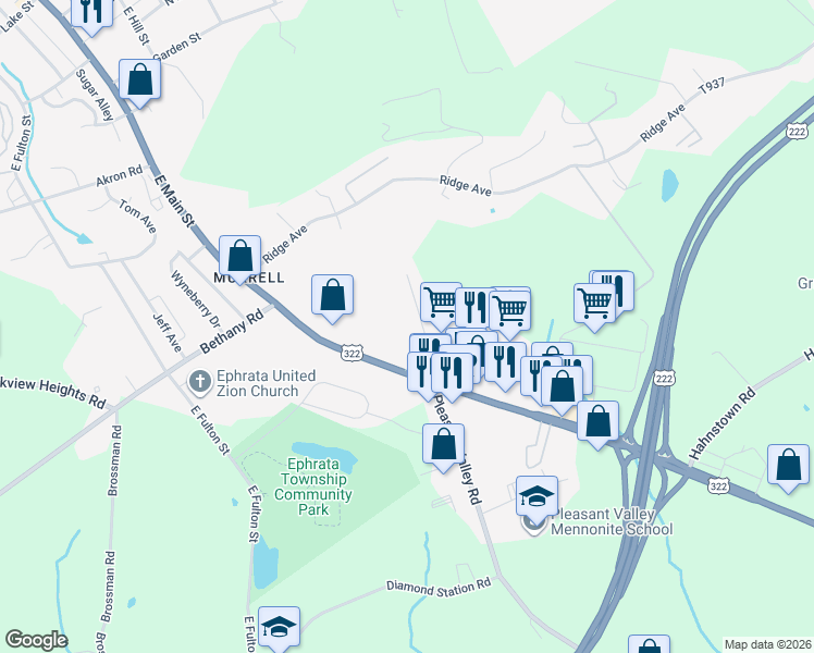map of restaurants, bars, coffee shops, grocery stores, and more near 810 East Main Street in Ephrata