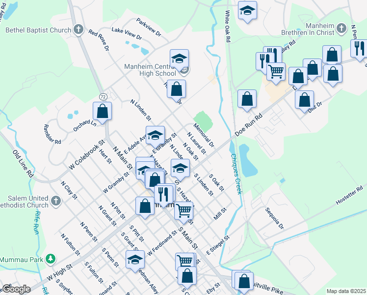 map of restaurants, bars, coffee shops, grocery stores, and more near 70 North Oak Street in Manheim