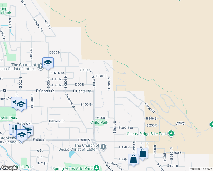map of restaurants, bars, coffee shops, grocery stores, and more near 63 North 1440 East in Springville