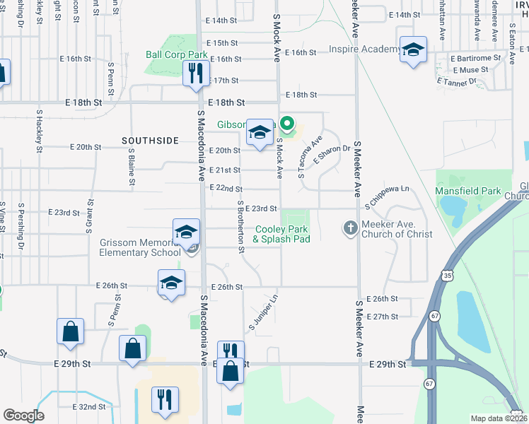 map of restaurants, bars, coffee shops, grocery stores, and more near 2005 East 23rd Street in Muncie