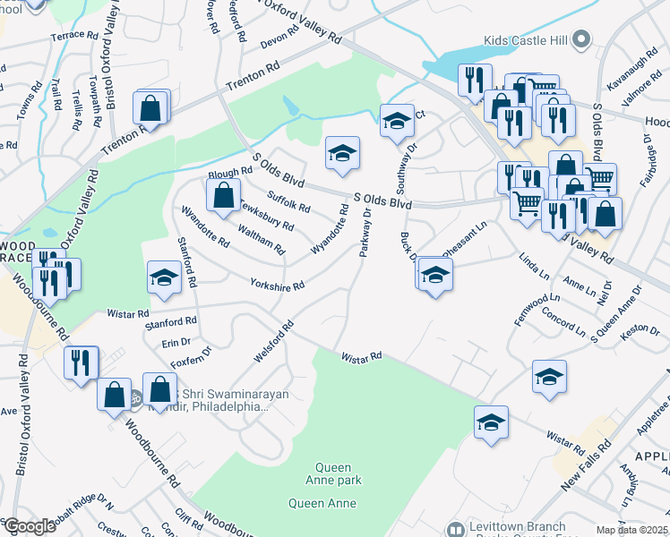 map of restaurants, bars, coffee shops, grocery stores, and more near 270 Yorkshire Road in Fairless Hills