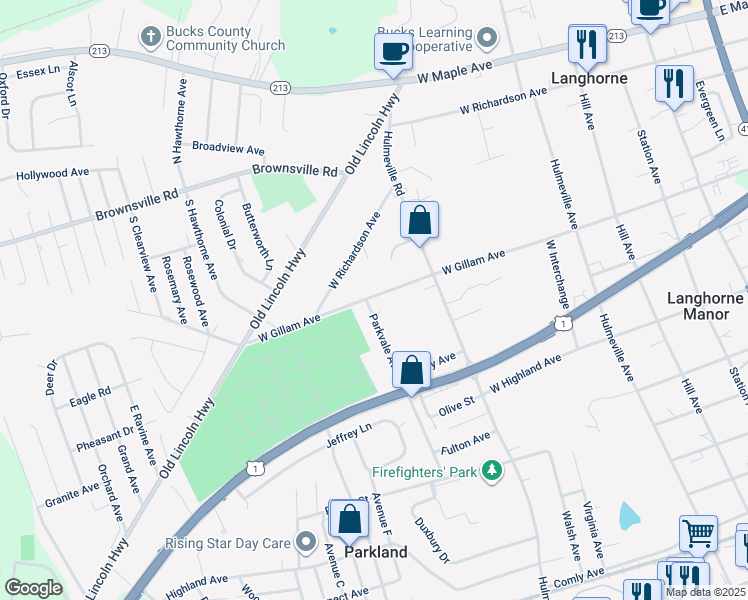 map of restaurants, bars, coffee shops, grocery stores, and more near 836 West Gillam Avenue in Langhorne